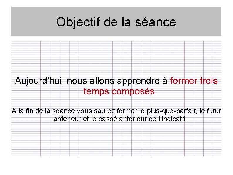 Objectif de la séance Aujourd'hui, nous allons apprendre à former trois temps composés. A