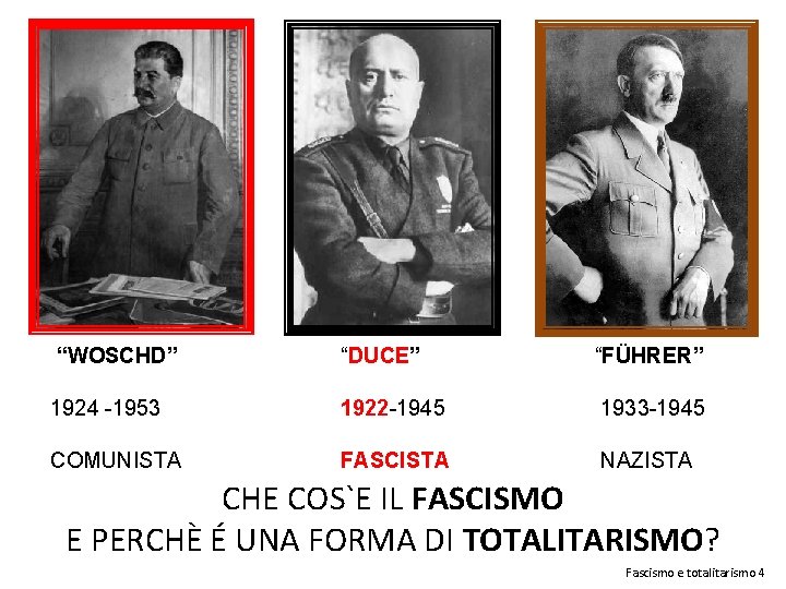 “WOSCHD” “DUCE” “FÜHRER” 1924 -1953 1922 -1945 1933 -1945 COMUNISTA FASCISTA NAZISTA CHE COS`E