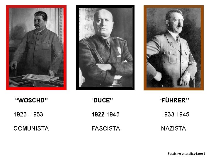 “WOSCHD” “DUCE” “FÜHRER” 1925 -1953 1922 -1945 1933 -1945 COMUNISTA FASCISTA NAZISTA Fascismo e