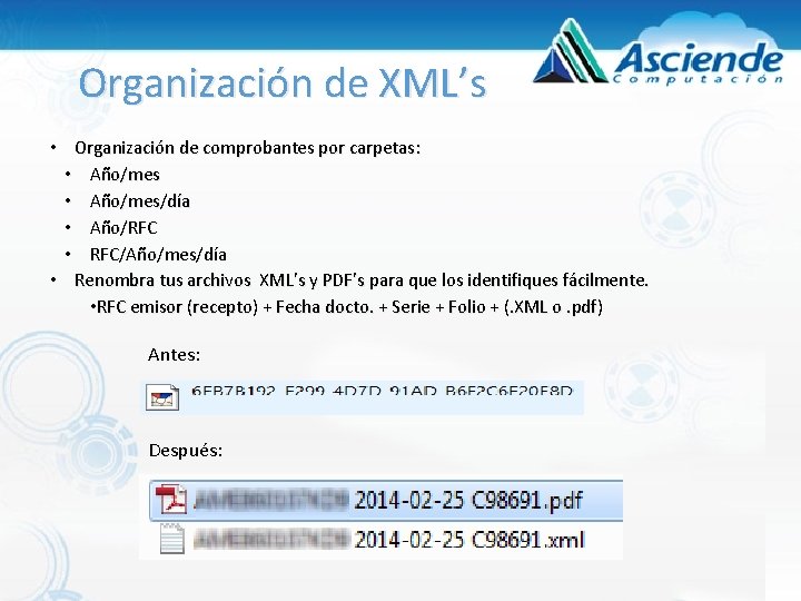 Organización de XML’s • Organización de comprobantes por carpetas: • Año/mes/día • Año/RFC • Organización de XML’s • Organización de comprobantes por carpetas: • Año/mes/día • Año/RFC •