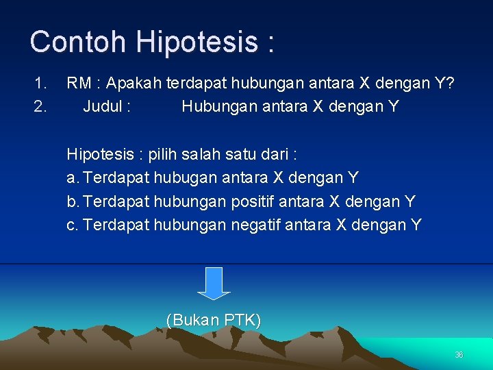 Contoh Hipotesis : 1. 2. RM : Apakah terdapat hubungan antara X dengan Y?