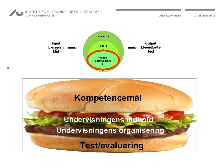 INSTITUT FOR UDDANNELSE OG PÆDAGOGIK Jens Rasmussen AARHUS UNIVERSITET Kommune Input Læreplan Mål *