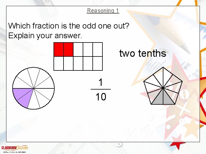 Reasoning 1 Which fraction is the odd one out? Explain your answer. two tenths