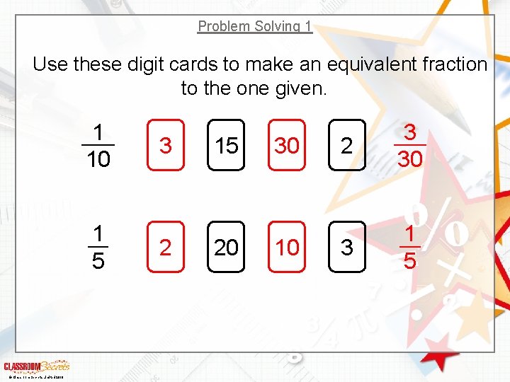 Problem Solving 1 . Use these digit cards to make an equivalent fraction to