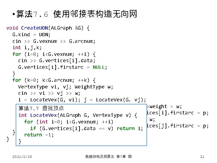  • 算法 7. 6 使用邻接表构造无向网 void Create. UDN(ALGraph &G) { G. kind =