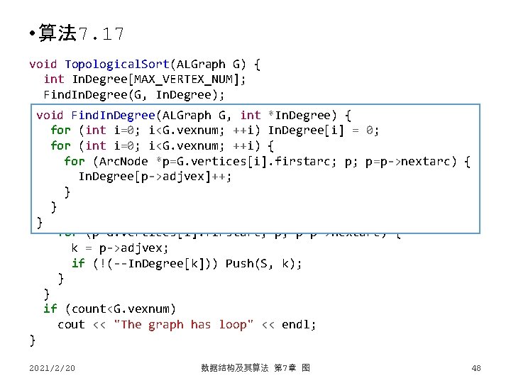  • 算法 7. 17 void Topological. Sort(ALGraph G) { int In. Degree[MAX_VERTEX_NUM]; Find.