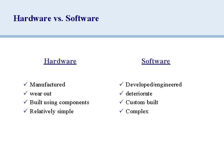 Hardware vs. Software Hardware ü Manufactured ü wear out ü Built using components ü