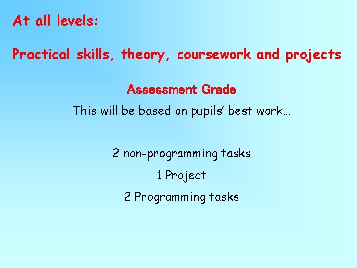 At all levels: Practical skills, theory, coursework and projects Assessment Grade This will be At all levels: Practical skills, theory, coursework and projects Assessment Grade This will be
