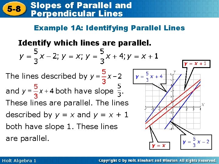 5 -8 Slopes of Parallel and Perpendicular Lines Example 1 A: Identifying Parallel Lines