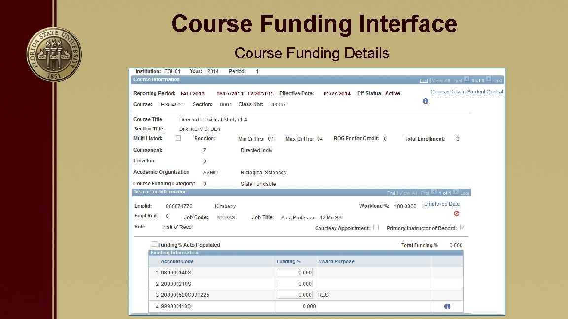 Course Funding Interface Course Funding Details 
