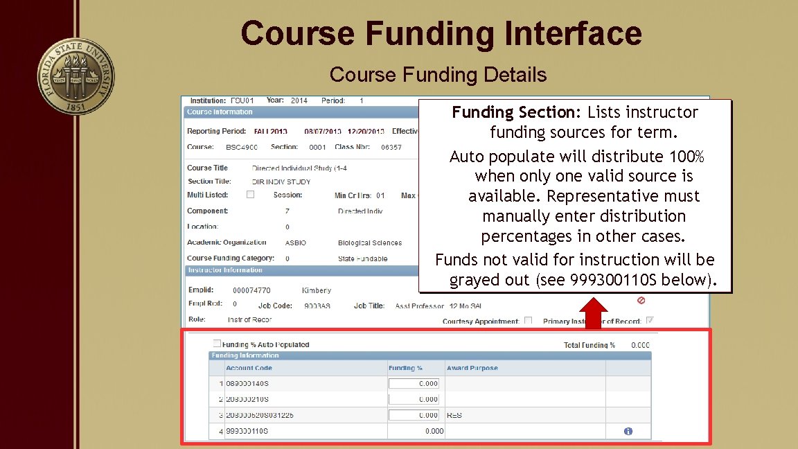 Course Funding Interface Course Funding Details Funding Section: Lists instructor funding sources for term.