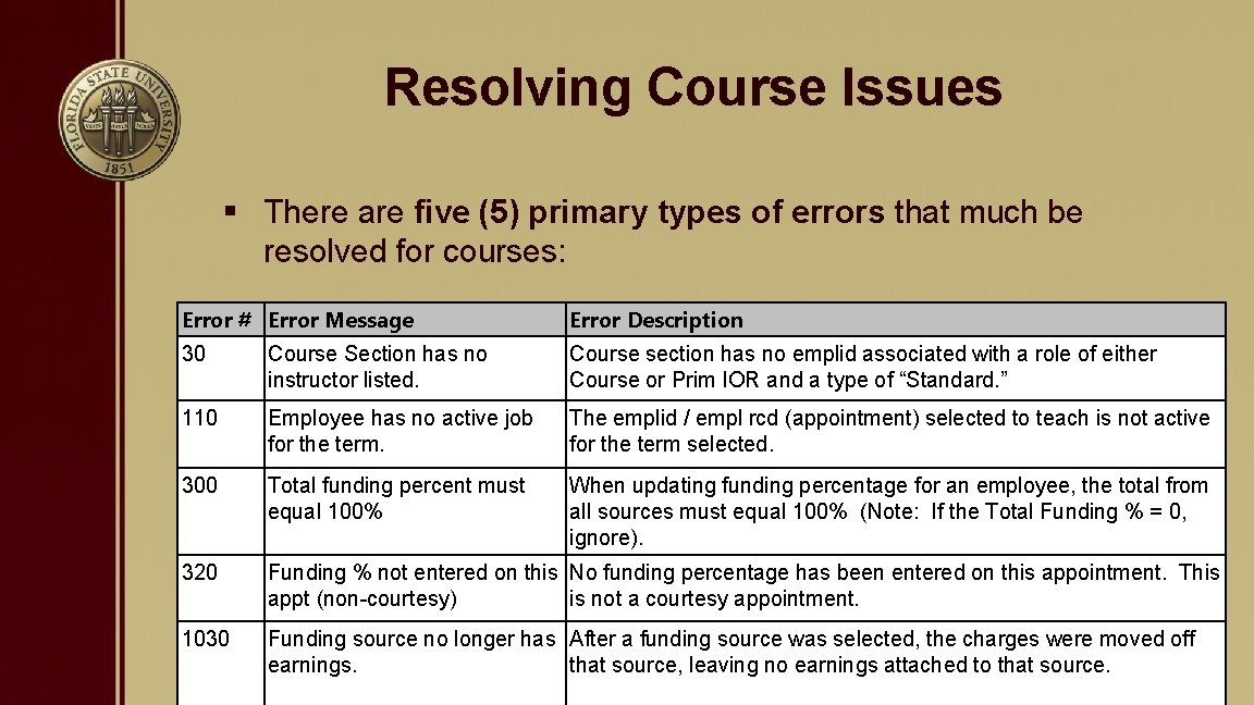 Resolving Course Issues § There are five (5) primary types of errors that much
