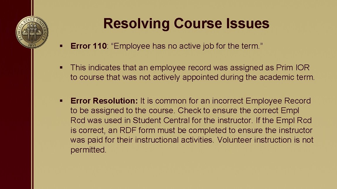 Resolving Course Issues § Error 110: “Employee has no active job for the term.