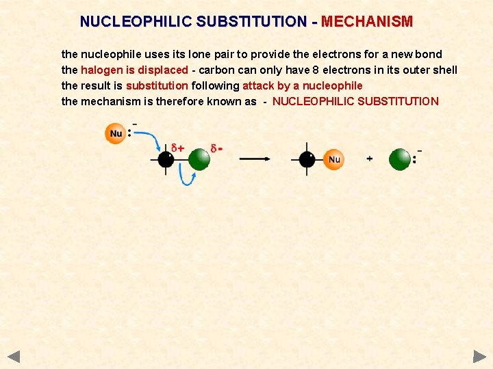 NUCLEOPHILIC SUBSTITUTION - MECHANISM the nucleophile uses its lone pair to provide the electrons NUCLEOPHILIC SUBSTITUTION - MECHANISM the nucleophile uses its lone pair to provide the electrons