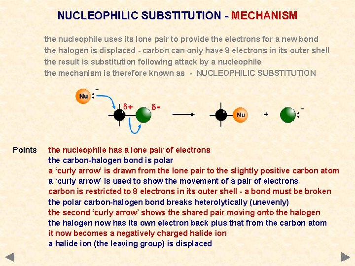 NUCLEOPHILIC SUBSTITUTION - MECHANISM the nucleophile uses its lone pair to provide the electrons NUCLEOPHILIC SUBSTITUTION - MECHANISM the nucleophile uses its lone pair to provide the electrons