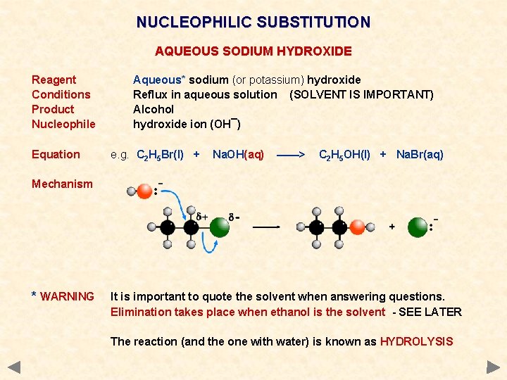 NUCLEOPHILIC SUBSTITUTION AQUEOUS SODIUM HYDROXIDE Reagent Conditions Product Nucleophile Equation Aqueous* sodium (or potassium) NUCLEOPHILIC SUBSTITUTION AQUEOUS SODIUM HYDROXIDE Reagent Conditions Product Nucleophile Equation Aqueous* sodium (or potassium)