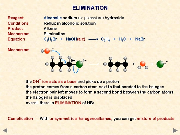 ELIMINATION Reagent Conditions Product Mechanism Equation Alcoholic sodium (or potassium) hydroxide Reflux in alcoholic ELIMINATION Reagent Conditions Product Mechanism Equation Alcoholic sodium (or potassium) hydroxide Reflux in alcoholic