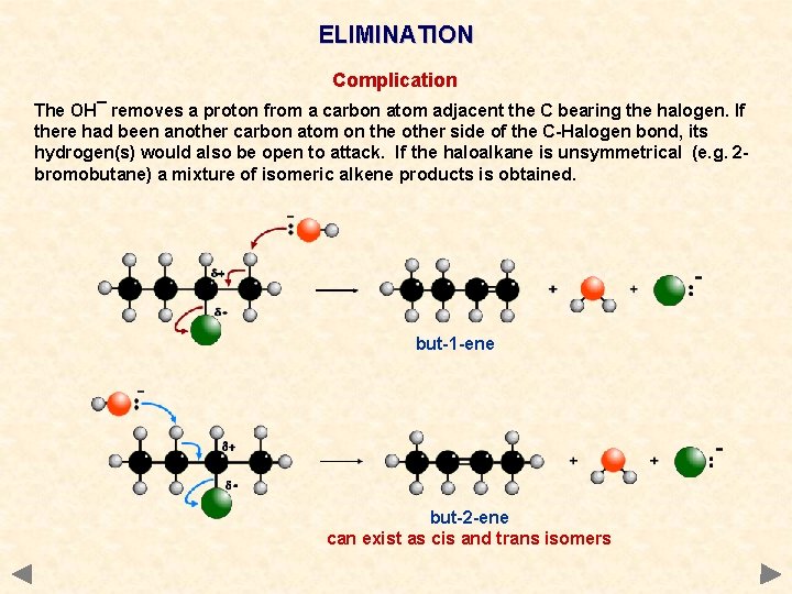 ELIMINATION Complication The OH¯ removes a proton from a carbon atom adjacent the C ELIMINATION Complication The OH¯ removes a proton from a carbon atom adjacent the C