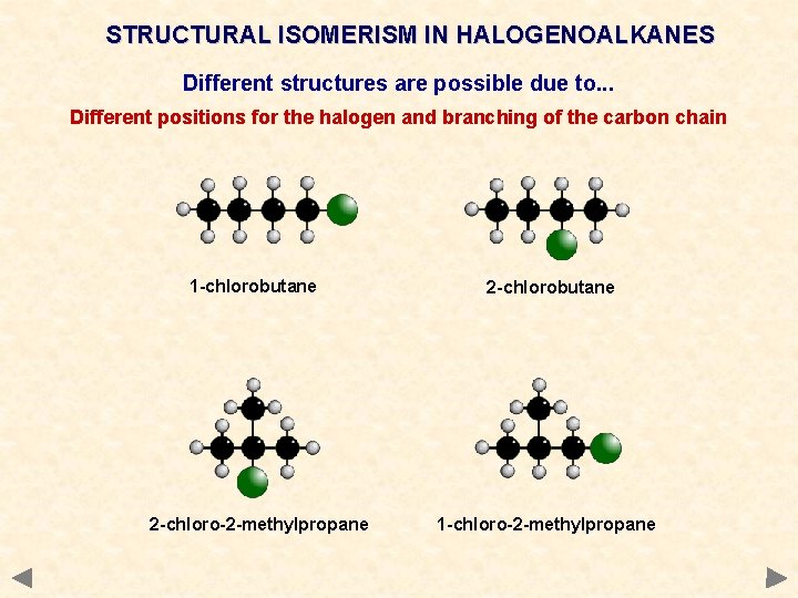 STRUCTURAL ISOMERISM IN HALOGENOALKANES Different structures are possible due to. . . Different positions STRUCTURAL ISOMERISM IN HALOGENOALKANES Different structures are possible due to. . . Different positions