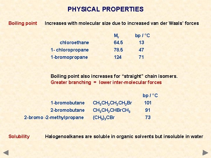 PHYSICAL PROPERTIES Boiling point Increases with molecular size due to increased van der Waals’ PHYSICAL PROPERTIES Boiling point Increases with molecular size due to increased van der Waals’