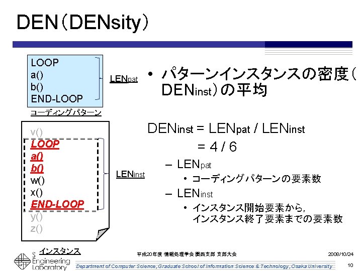 DEN(DENsity) LOOP a() b() END-LOOP LENpat • パターンインスタンスの密度( DENinst)の平均 コーディングパターン v() LOOP a() b() DEN(DENsity) LOOP a() b() END-LOOP LENpat • パターンインスタンスの密度( DENinst)の平均 コーディングパターン v() LOOP a() b()