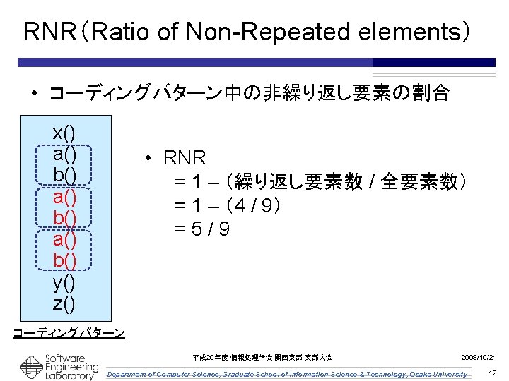 RNR(Ratio of Non-Repeated elements) • コーディングパターン中の非繰り返し要素の割合 x() a() b() y() z() • RNR = RNR(Ratio of Non-Repeated elements) • コーディングパターン中の非繰り返し要素の割合 x() a() b() y() z() • RNR =