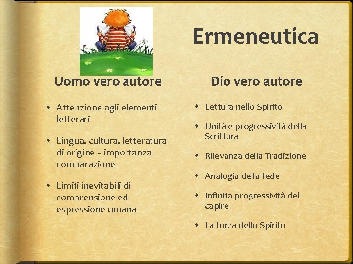 Ermeneutica Uomo vero autore Attenzione agli elementi letterari Lingua, cultura, letteratura di origine –
