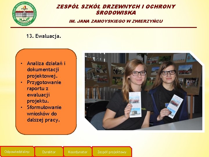 ZESPÓŁ SZKÓŁ DRZEWNYCH I OCHRONY ŚRODOWISKA IM. JANA ZAMOYSKIEGO W ZWIERZYŃCU 13. Ewaluacja. •