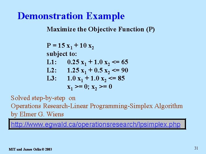 Demonstration Example Maximize the Objective Function (P) P = 15 x 1 + 10