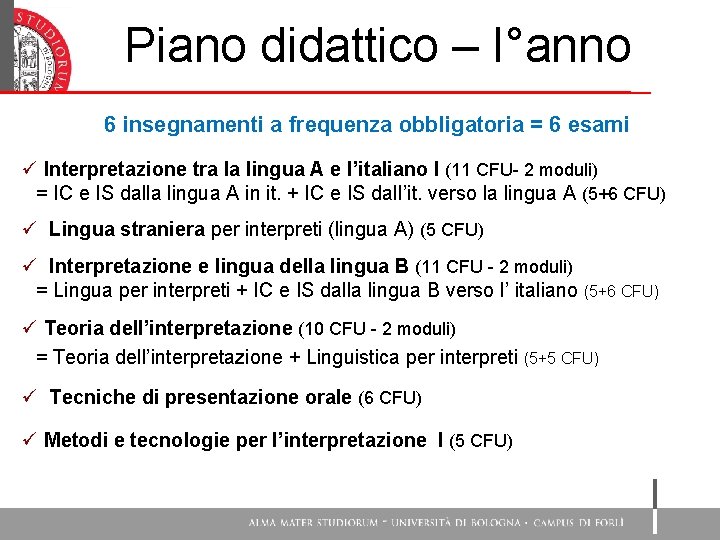 Piano didattico – I°anno 6 insegnamenti a frequenza obbligatoria = 6 esami ü Interpretazione