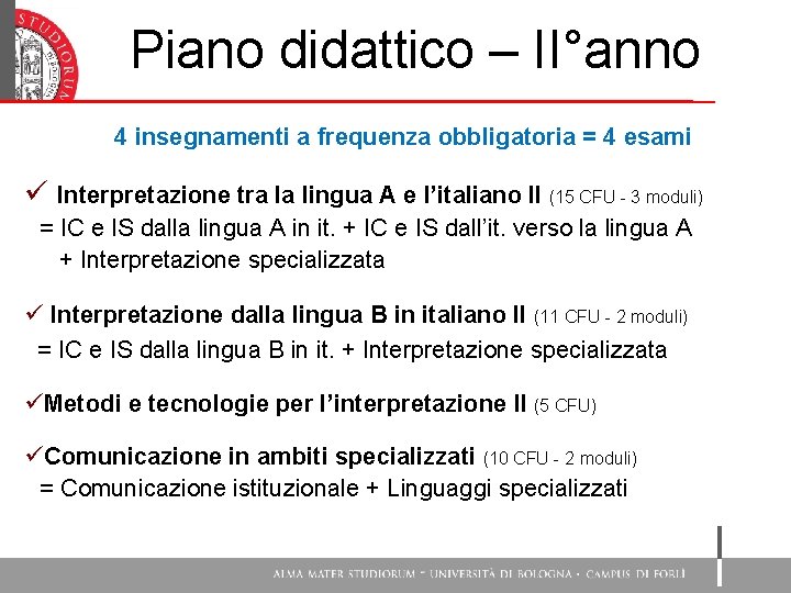 Piano didattico – II°anno 4 insegnamenti a frequenza obbligatoria = 4 esami ü Interpretazione