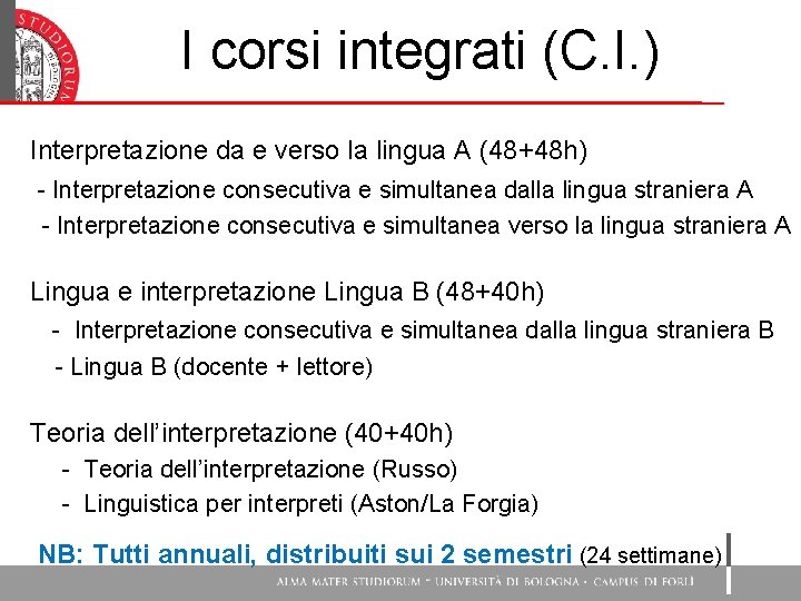 I corsi integrati (C. I. ) Interpretazione da e verso la lingua A (48+48