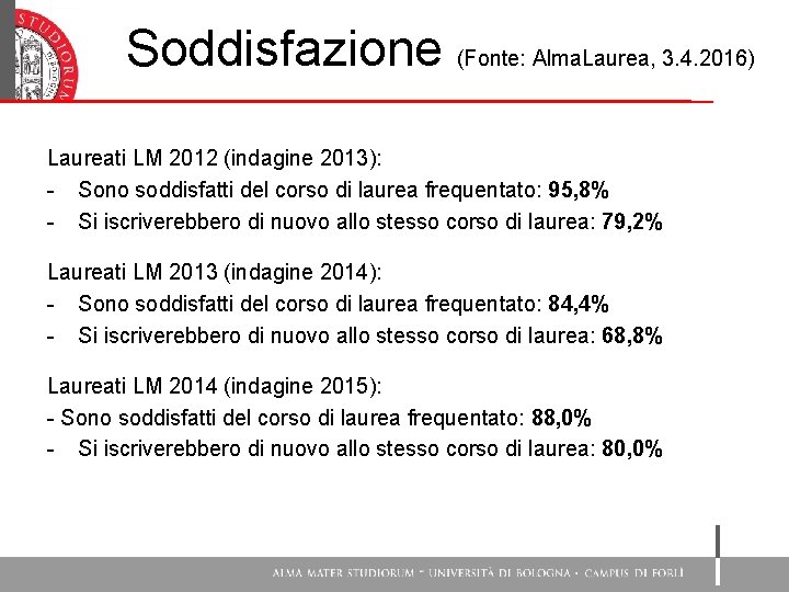 Soddisfazione (Fonte: Alma. Laurea, 3. 4. 2016) Laureati LM 2012 (indagine 2013): - Sono