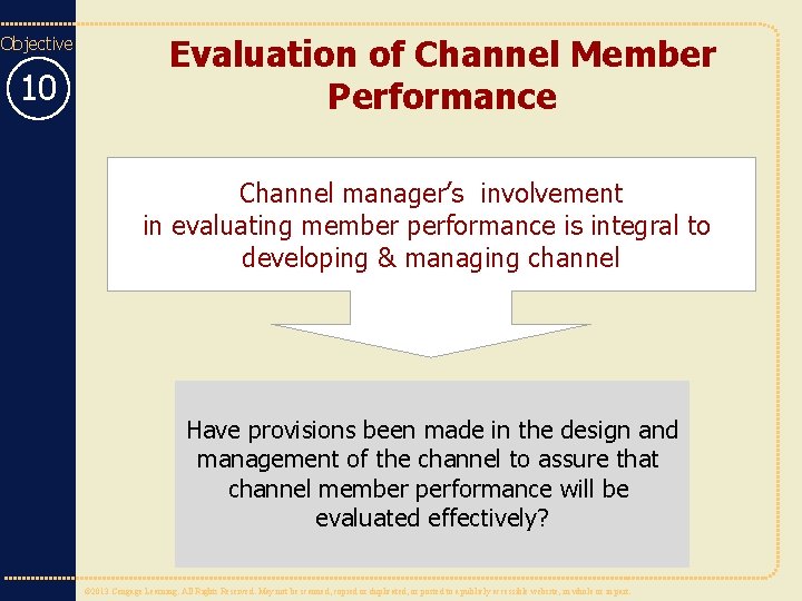 Objective 10 Evaluation of Channel Member Performance Channel manager’s involvement in evaluating member performance