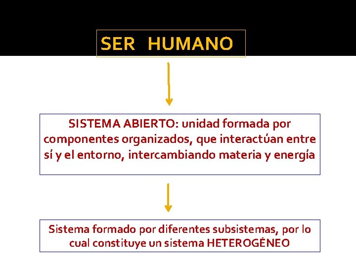 SER HUMANO SISTEMA ABIERTO: unidad formada por componentes organizados, que interactúan entre sí y