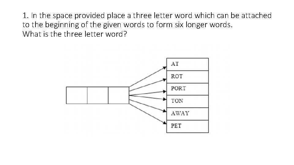 1. In the space provided place a three letter word which can be attached