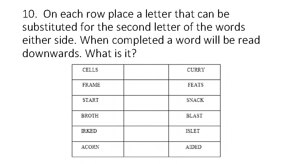 10. On each row place a letter that can be substituted for the second
