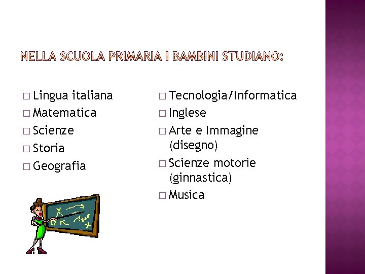 � Lingua italiana � Matematica � Scienze � Storia � Geografia � Tecnologia/Informatica �