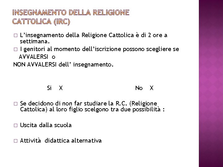 L’insegnamento della Religione Cattolica è di 2 ore a settimana. � I genitori al