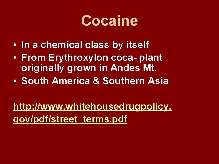 Cocaine • In a chemical class by itself • From Erythroxylon coca- plant originally