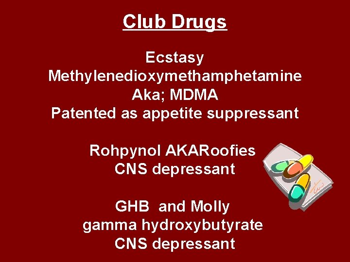 Club Drugs Ecstasy Methylenedioxymethamphetamine Aka; MDMA Patented as appetite suppressant Rohpynol AKARoofies CNS depressant