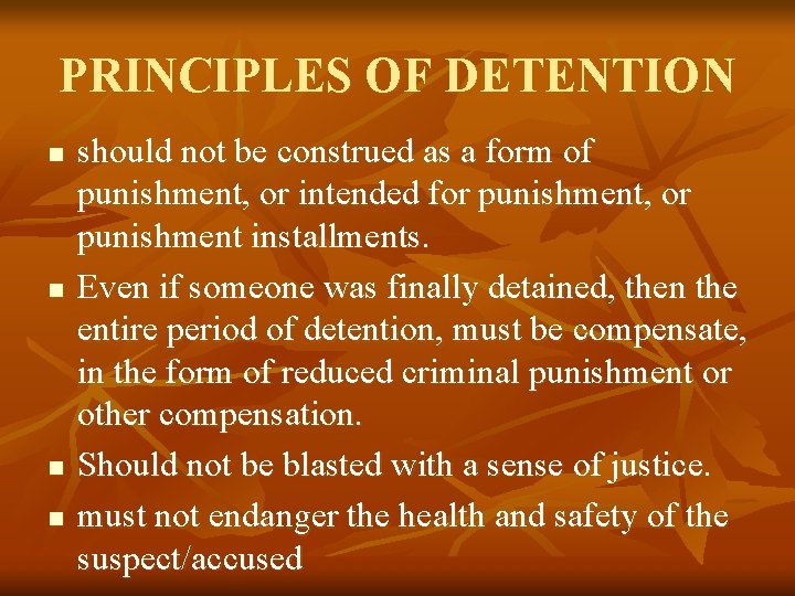 PRINCIPLES OF DETENTION n n should not be construed as a form of punishment, PRINCIPLES OF DETENTION n n should not be construed as a form of punishment,
