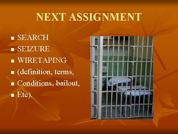 NEXT ASSIGNMENT n n n SEARCH SEIZURE WIRETAPING (definition, terms, Conditions, bailout, Etc). NEXT ASSIGNMENT n n n SEARCH SEIZURE WIRETAPING (definition, terms, Conditions, bailout, Etc).