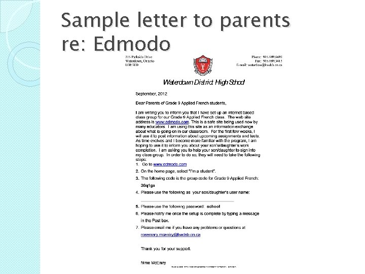 Sample letter to parents re: Edmodo 