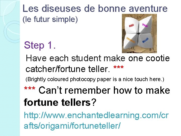 Les diseuses de bonne aventure (le futur simple) Step 1. Have each student make
