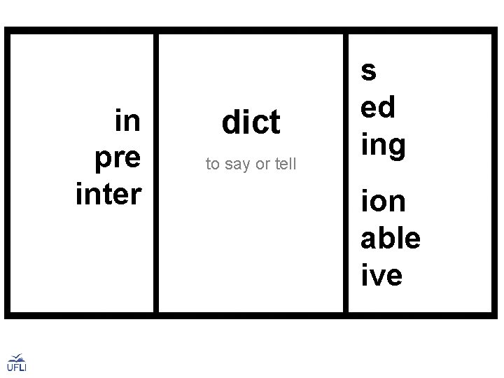 in pre inter dict to say or tell s ed ing ion able ive
