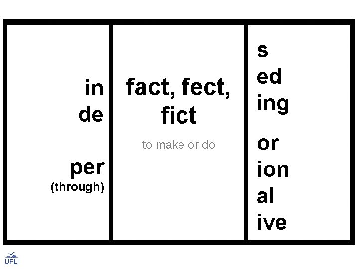 in de s ed fact, fect, ing fict to make or do per (through)