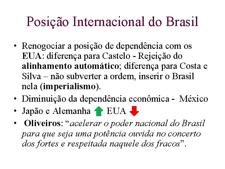 Posição Internacional do Brasil • Renogociar a posição de dependência com os EUA: diferença