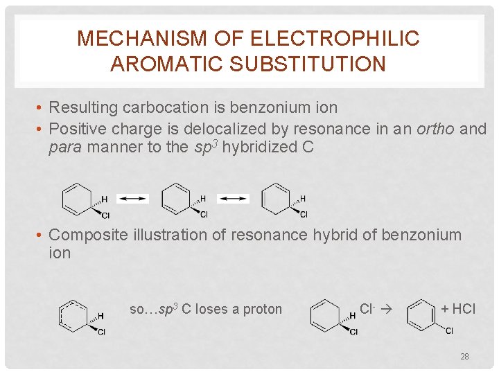 MECHANISM OF ELECTROPHILIC AROMATIC SUBSTITUTION • Resulting carbocation is benzonium ion • Positive charge