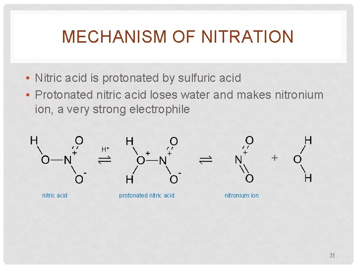 MECHANISM OF NITRATION • Nitric acid is protonated by sulfuric acid • Protonated nitric